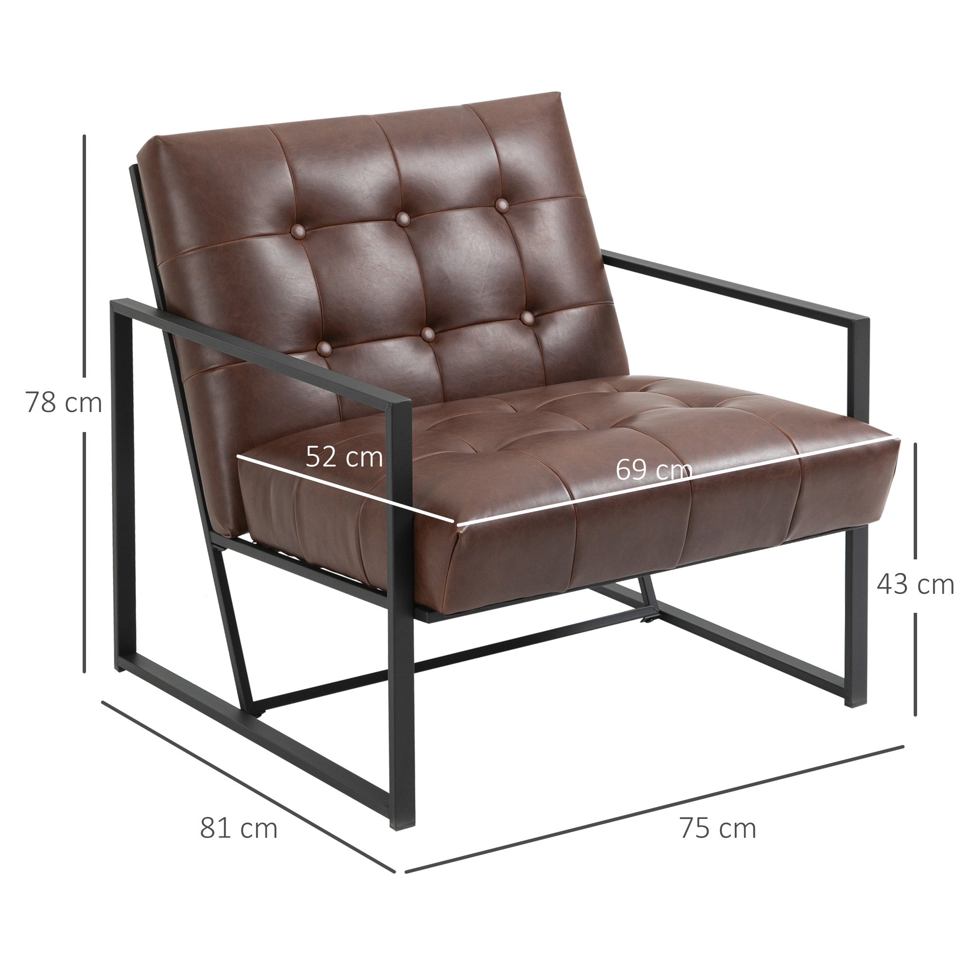 Chesterfield Lounge Chair Relaxing Chair Padded Seat Backrest Black Metal Frame Synthetic Upholstery Chocolate