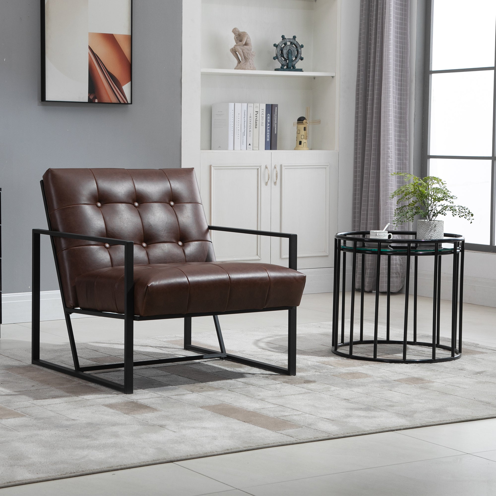 Chesterfield Lounge Chair Relaxing Chair Padded Seat Backrest Black Metal Frame Synthetic Upholstery Chocolate
