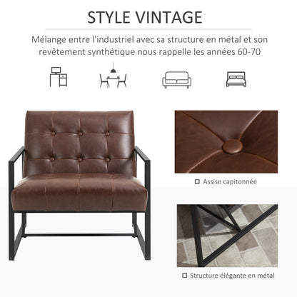 Chesterfield Lounge Chair Relaxing Chair Padded Seat Backrest Black Metal Frame Synthetic Upholstery Chocolate
