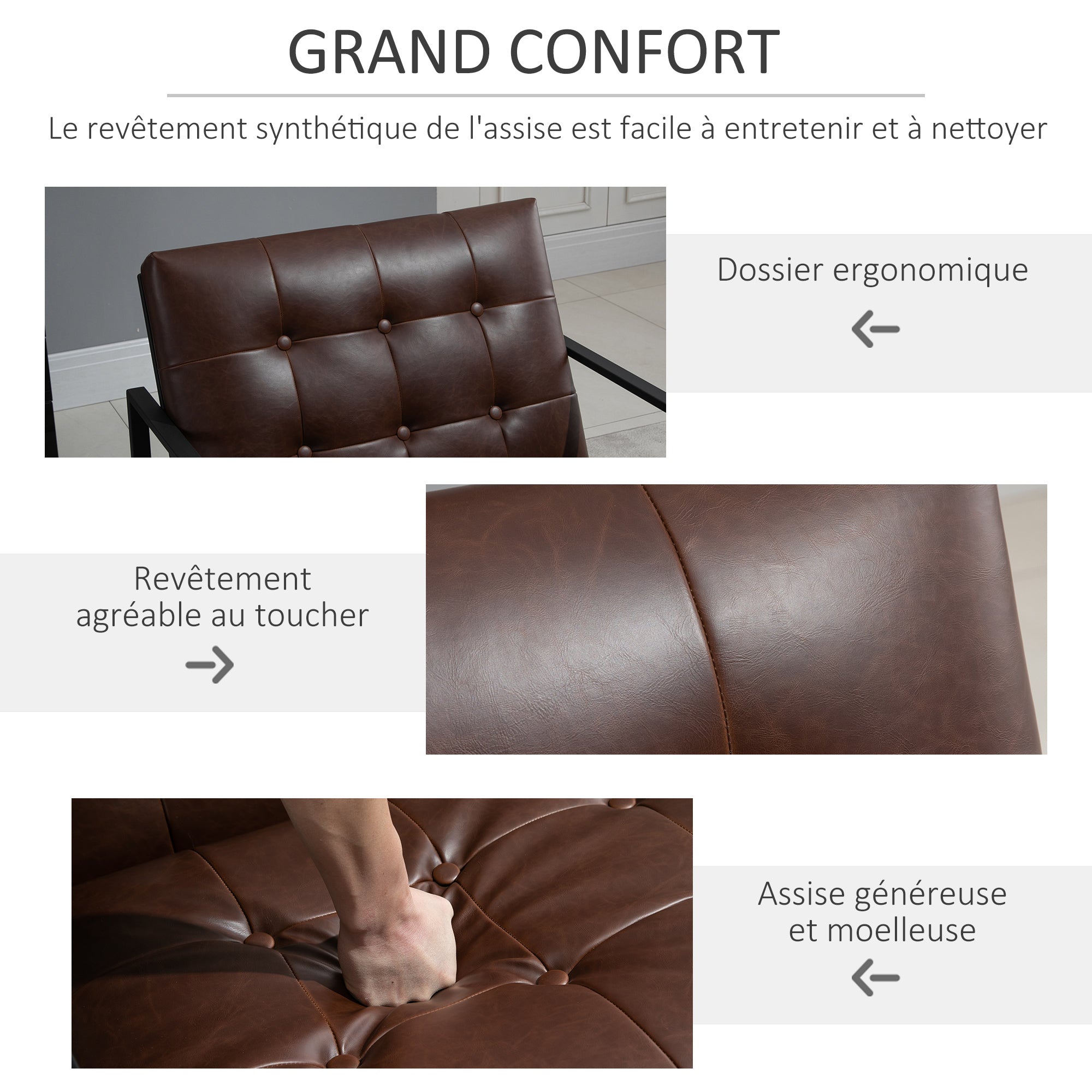 Chesterfield Lounge Chair Relaxing Chair Padded Seat Backrest Black Metal Frame Synthetic Upholstery Chocolate