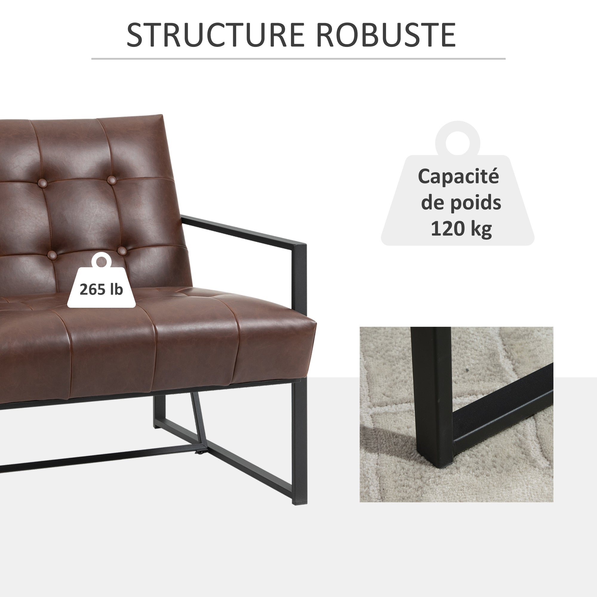 Chesterfield Lounge Chair Relaxing Chair Padded Seat Backrest Black Metal Frame Synthetic Upholstery Chocolate