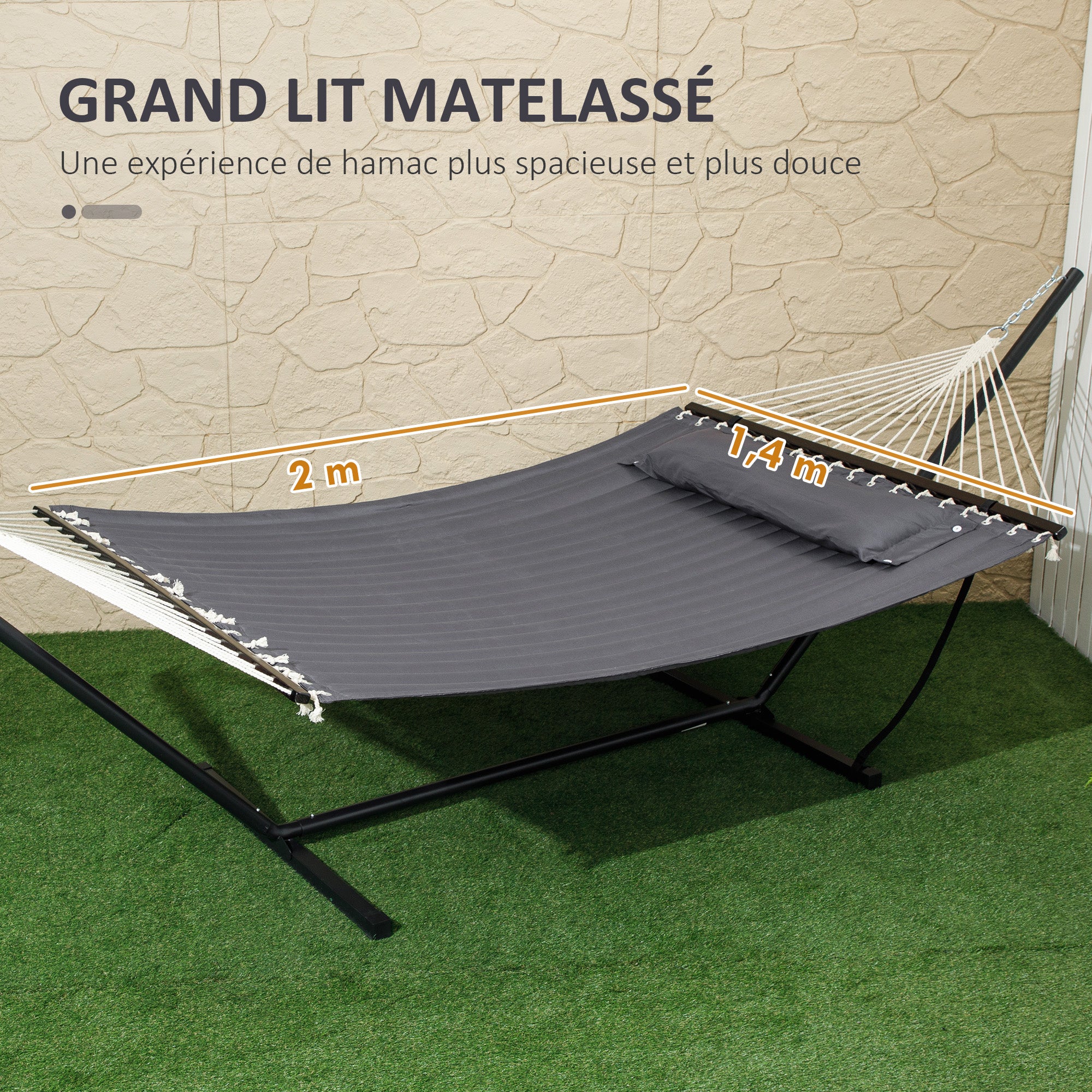 Hammock with Stand and Pillow, Steel Stand Hammock with Spreader Bars, for Outdoor Camping, Beach, Dark Gray