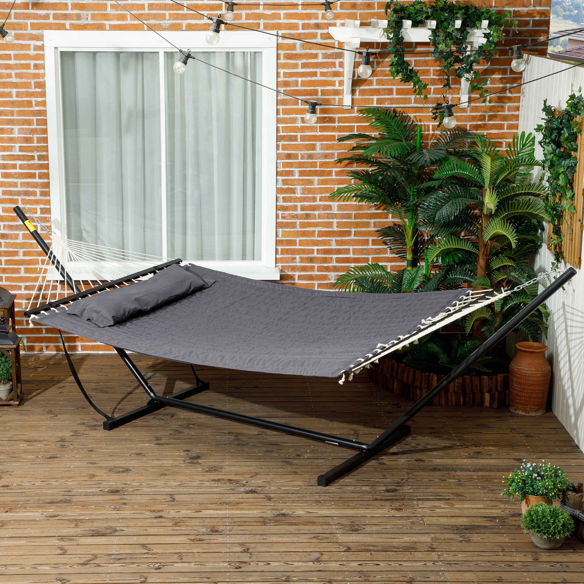 Hammock with Stand and Pillow, Steel Stand Hammock with Spreader Bars, for Outdoor Camping, Beach, Dark Gray
