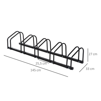 5-Bike Rack Bike Storage Support Rack for Tire up to 65 mm in 145L x 33W x 27H cm Black Steel