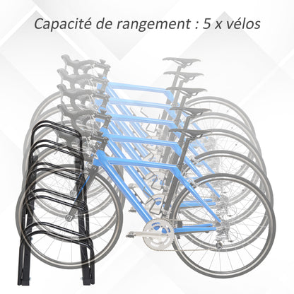 5-Bike Rack Bike Storage Support Rack for Tire up to 65 mm in 145L x 33W x 27H cm Black Steel