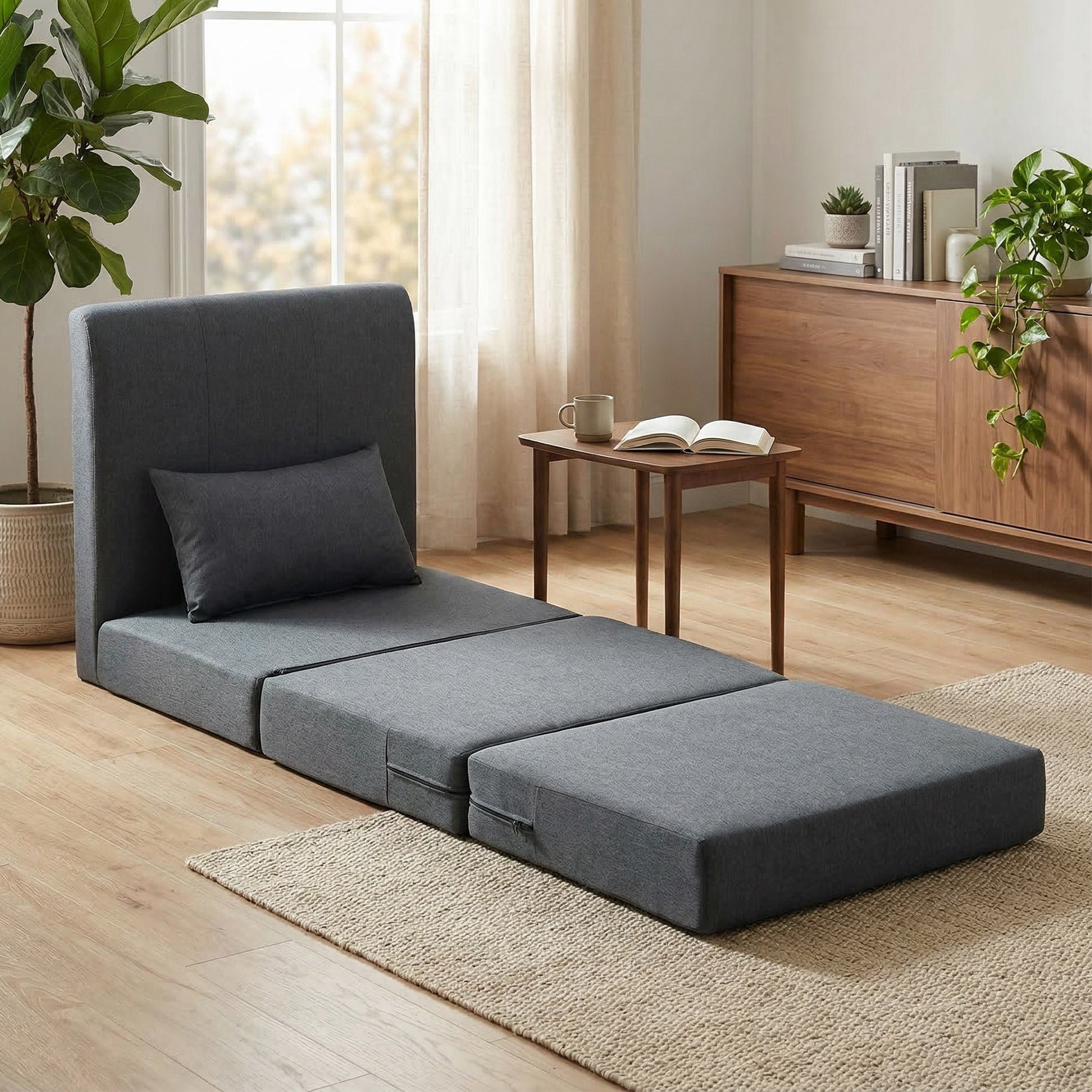 2-in-1 Folding Floor Sofa Bed — Linen-Look Padded Guest Chair Converts to Single Bed, Dark Gray (31.5 x 29.5 x 29.1 in)