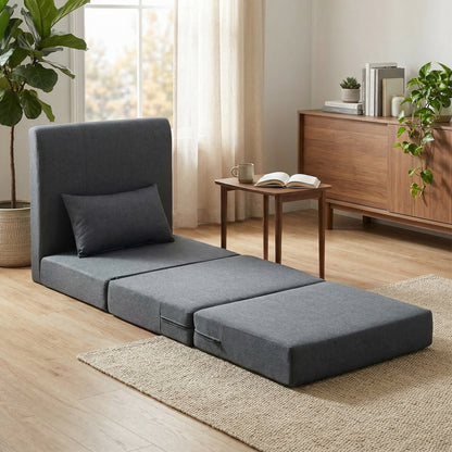 2-in-1 Folding Floor Sofa Bed — Linen-Look Padded Guest Chair Converts to Single Bed, Dark Gray (31.5 x 29.5 x 29.1 in)