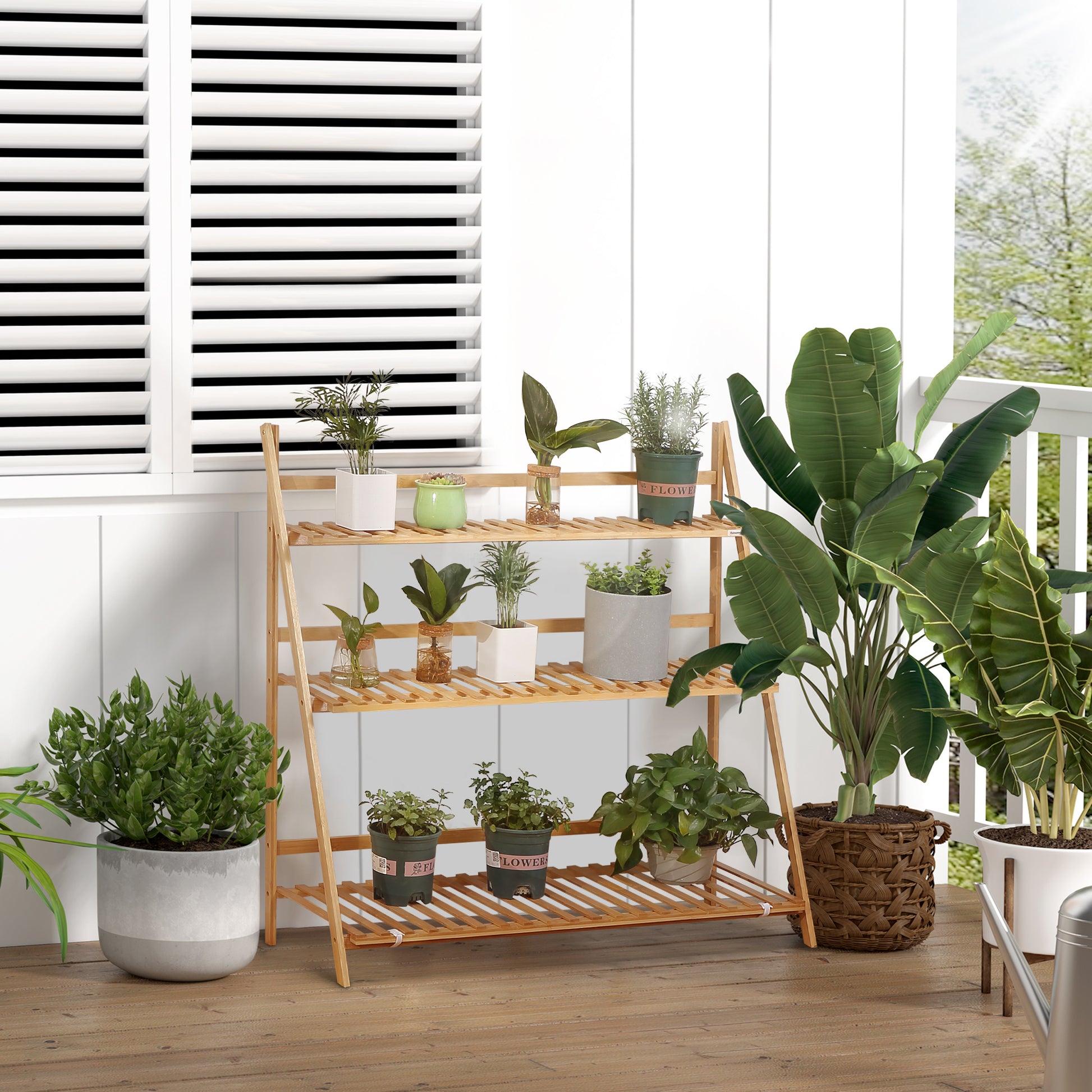 3-Tier Bamboo Plant Stand Flower Rack Folding Plant Shelf for Indoor and Outdoor Use 98x37x96.5 cm Natural