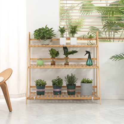 3-Tier Bamboo Plant Stand Flower Rack Folding Plant Shelf for Indoor and Outdoor Use 98x37x96.5 cm Natural