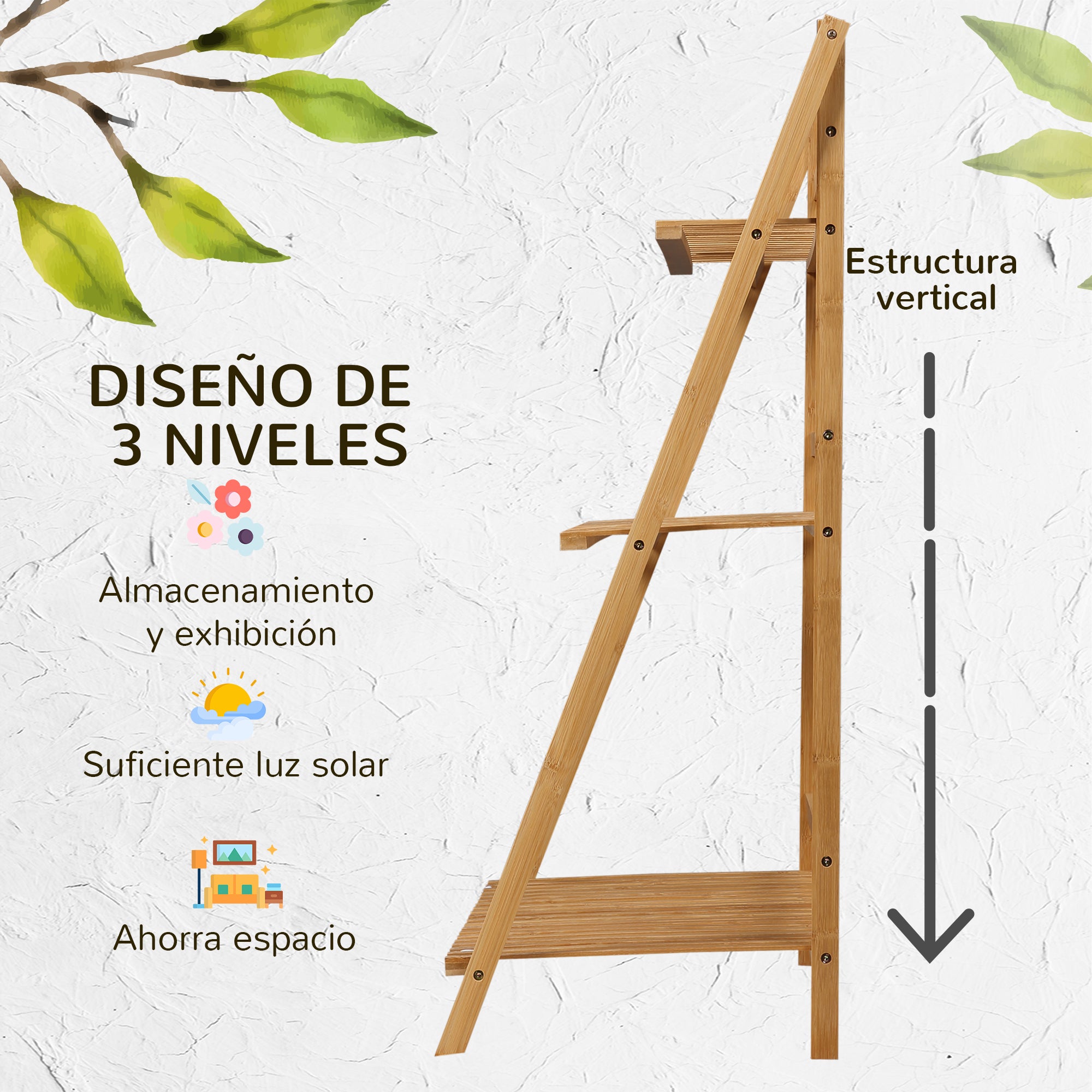 3-Tier Bamboo Plant Stand Flower Rack Folding Plant Shelf for Indoor and Outdoor Use 98x37x96.5 cm Natural