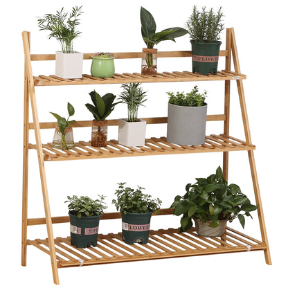 3-Tier Bamboo Plant Stand Flower Rack Folding Plant Shelf for Indoor and Outdoor Use 98x37x96.5 cm Natural