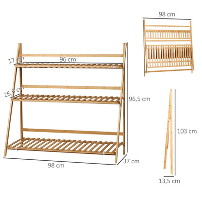 3-Tier Bamboo Plant Stand Flower Rack Folding Plant Shelf for Indoor and Outdoor Use 98x37x96.5 cm Natural