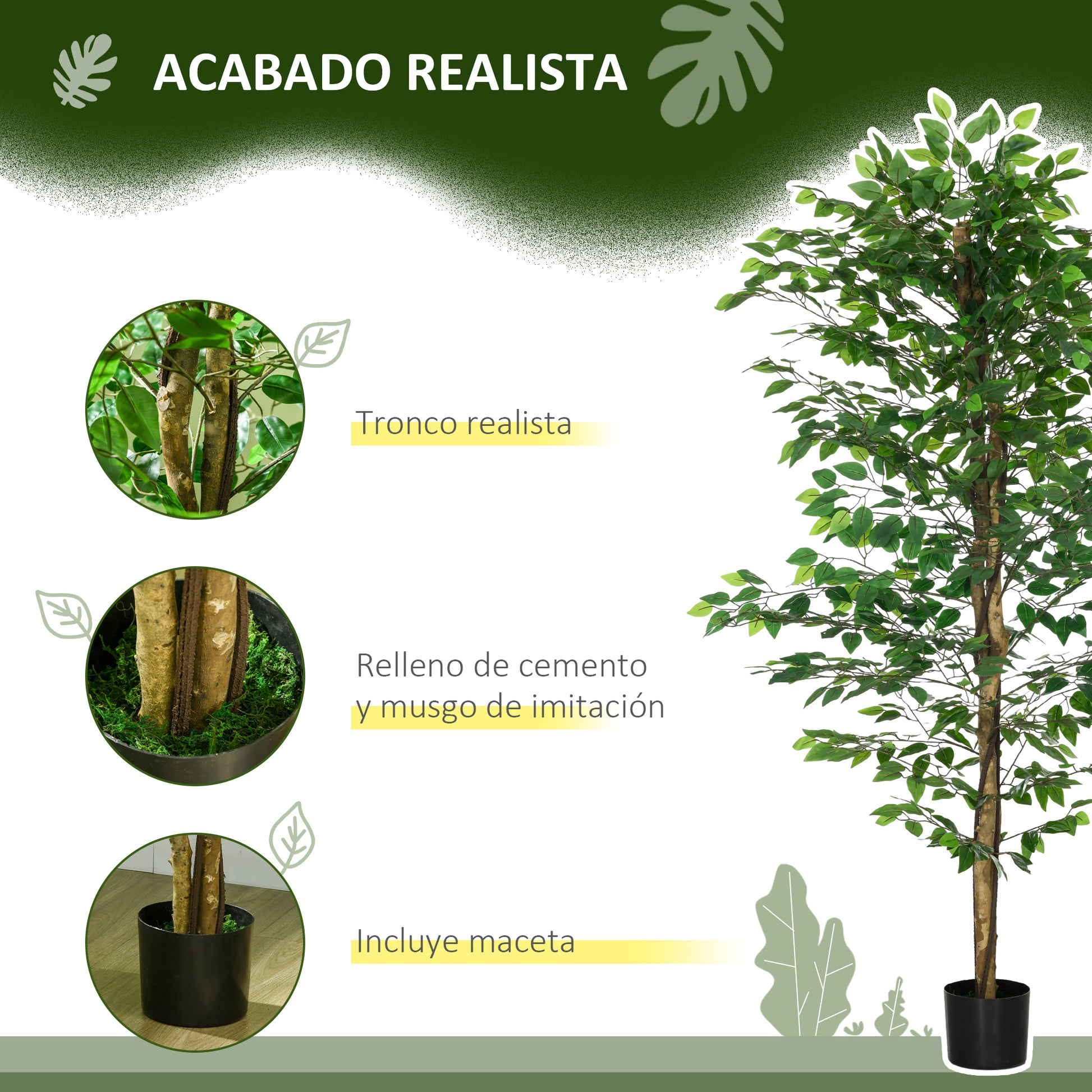 Artificial Ficus with Natural Trunks 180 cm Artificial Plant with Pot and 1260 Leaves Artificial Tree Decoration for Home Living Room Office Green