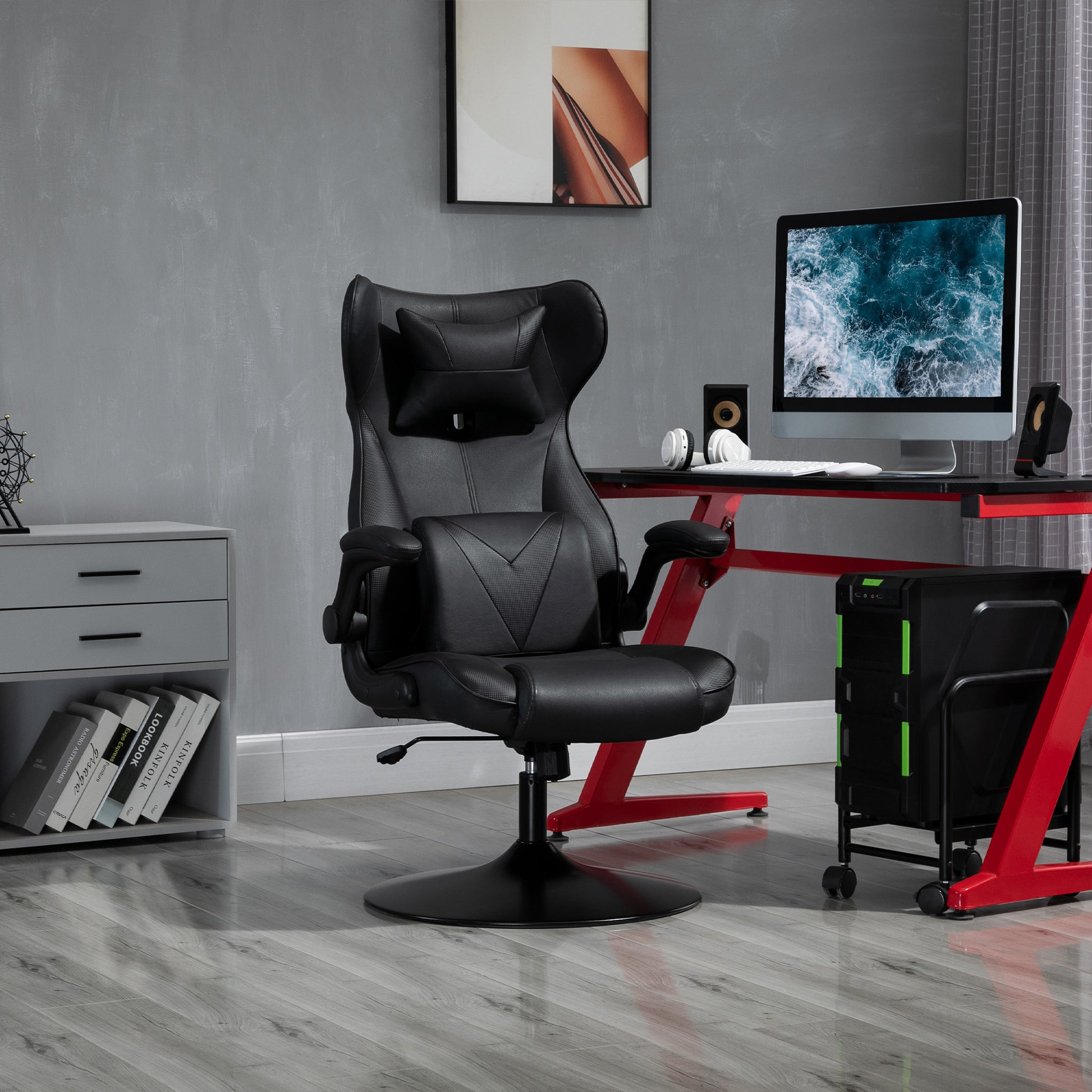 Gaming Chair with Rocking Function, Ergonomic Computer Chair, Height Adjustable Office Chair, Rotatable Desk Chair with Head and Lumbar Cushions, Supports up to 120 kg, Black