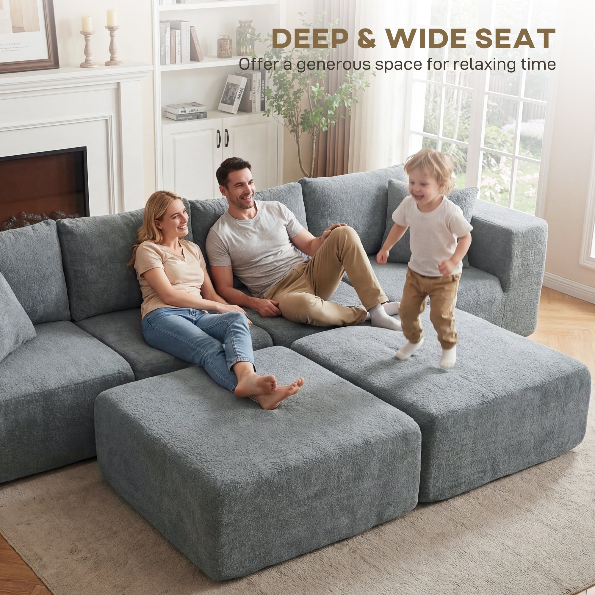 Corner Sectional Sofa with Sleeper Function, U-Shape 294 cm (115.7 in) — Deep Wide Seats, 4‑Seat Cloud Sectional with Throw Pillows, Linen-Look for Living Room, Dark Gray