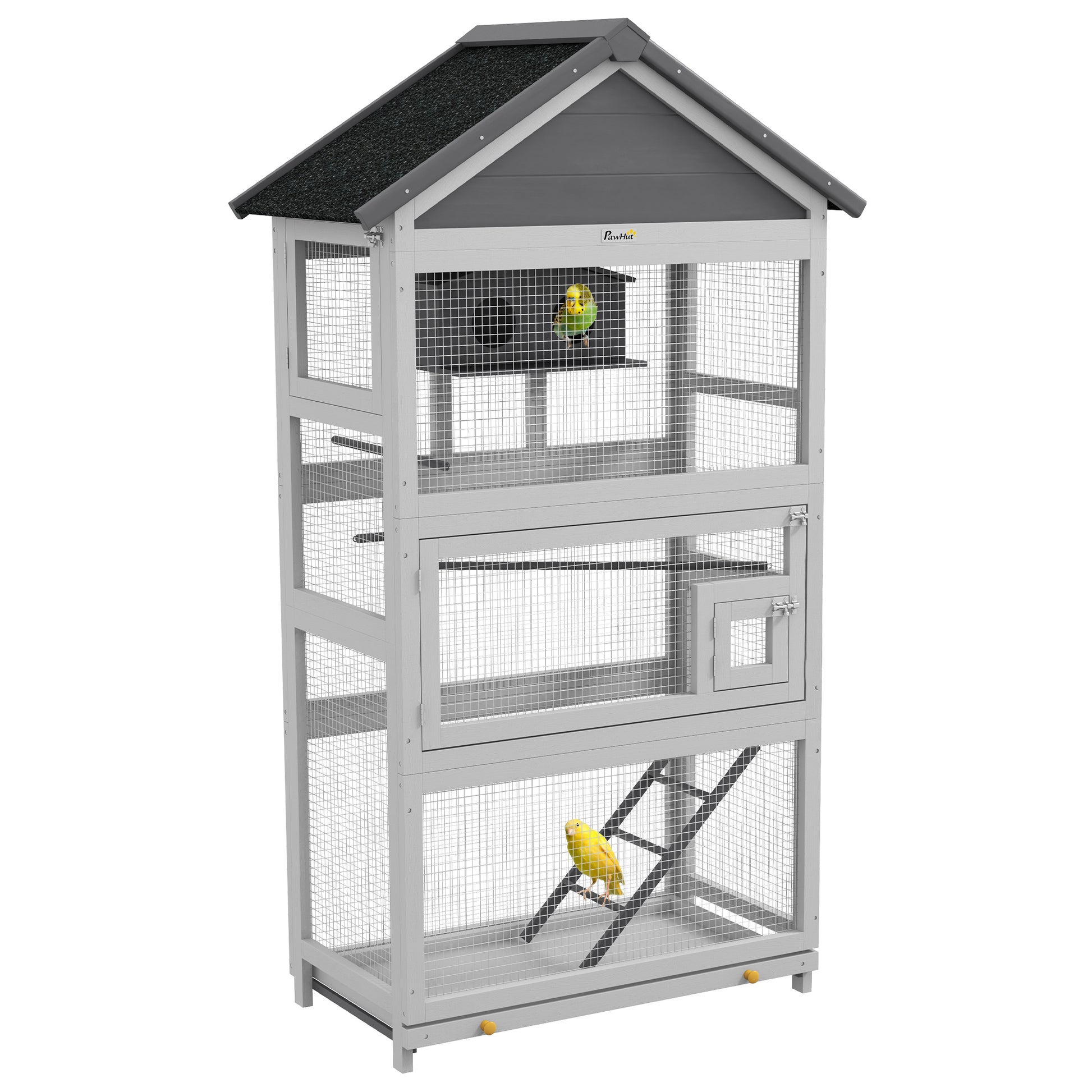 Wooden Bird Cage, Parrot Cage, Bird Aviary Outdoor Playground, Waterproof Asphalt Roof, for Budgie, Cockatiel, Conure, Canaries, 92 x 52 x 171 cm, Gray
