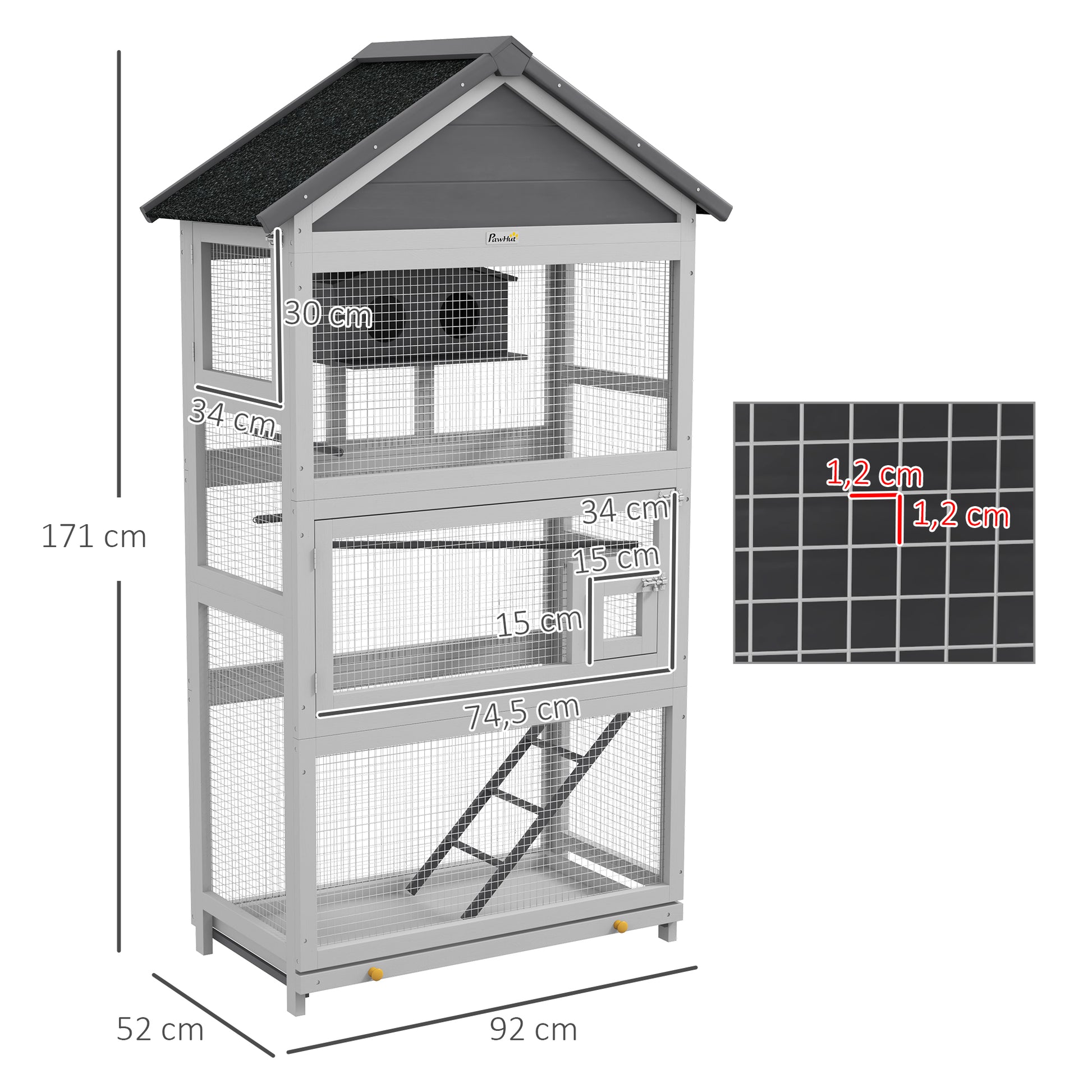 Wooden Bird Cage, Parrot Cage, Bird Aviary Outdoor Playground, Waterproof Asphalt Roof, for Budgie, Cockatiel, Conure, Canaries, 92 x 52 x 171 cm, Gray