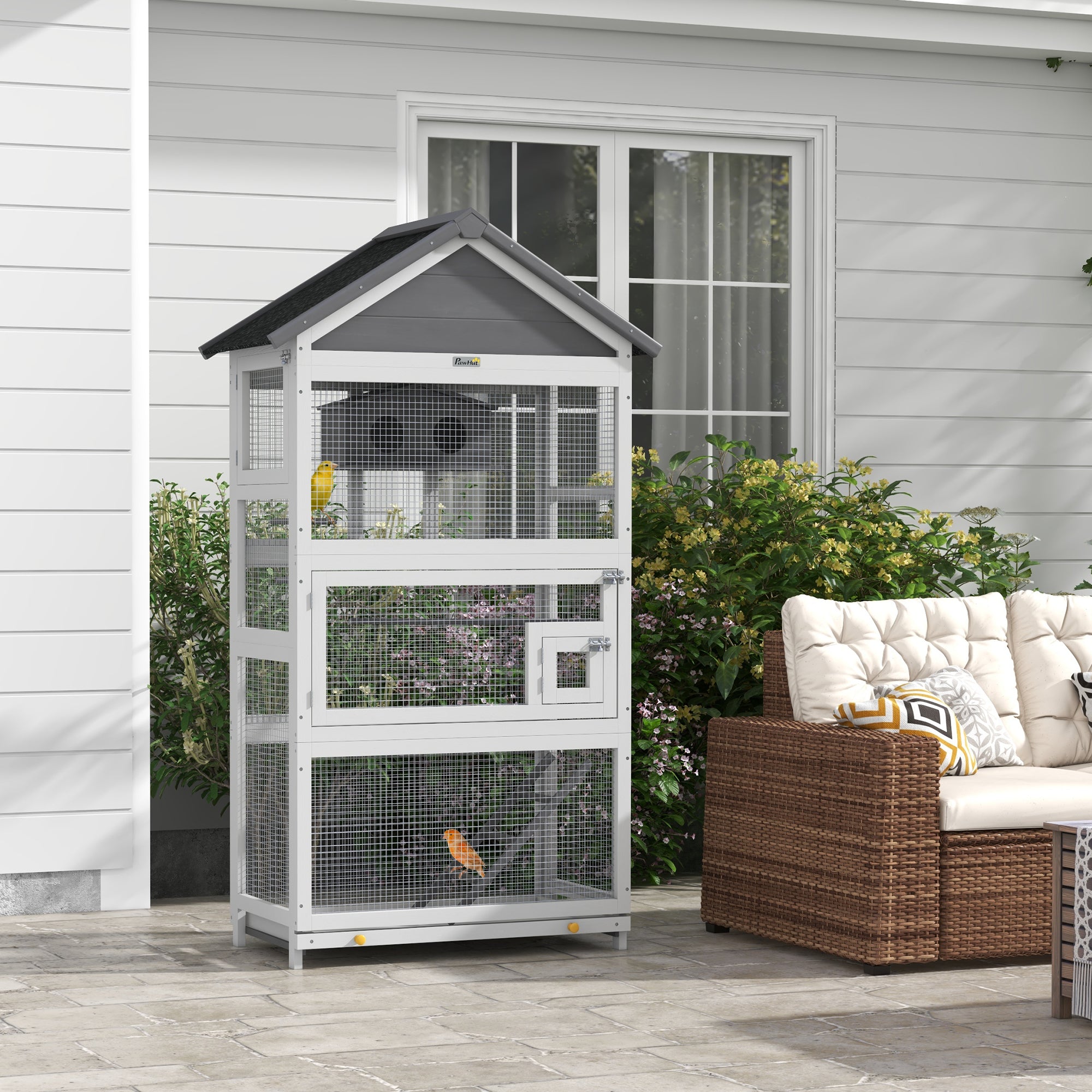 Wooden Bird Cage, Parrot Cage, Bird Aviary Outdoor Playground, Waterproof Asphalt Roof, for Budgie, Cockatiel, Conure, Canaries, 92 x 52 x 171 cm, Gray