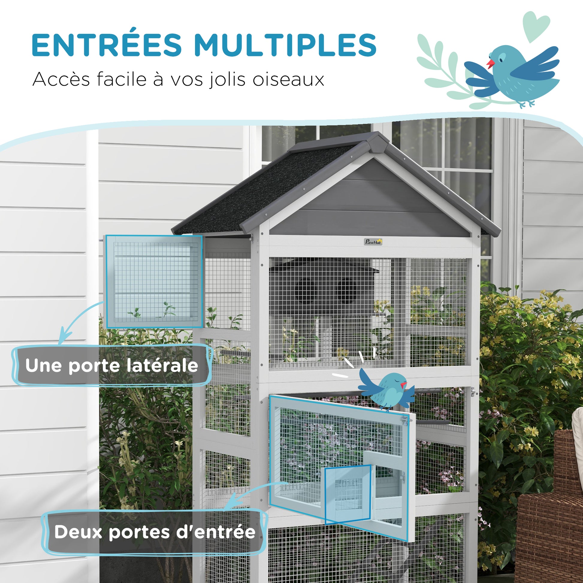 Wooden Bird Cage, Parrot Cage, Bird Aviary Outdoor Playground, Waterproof Asphalt Roof, for Budgie, Cockatiel, Conure, Canaries, 92 x 52 x 171 cm, Gray