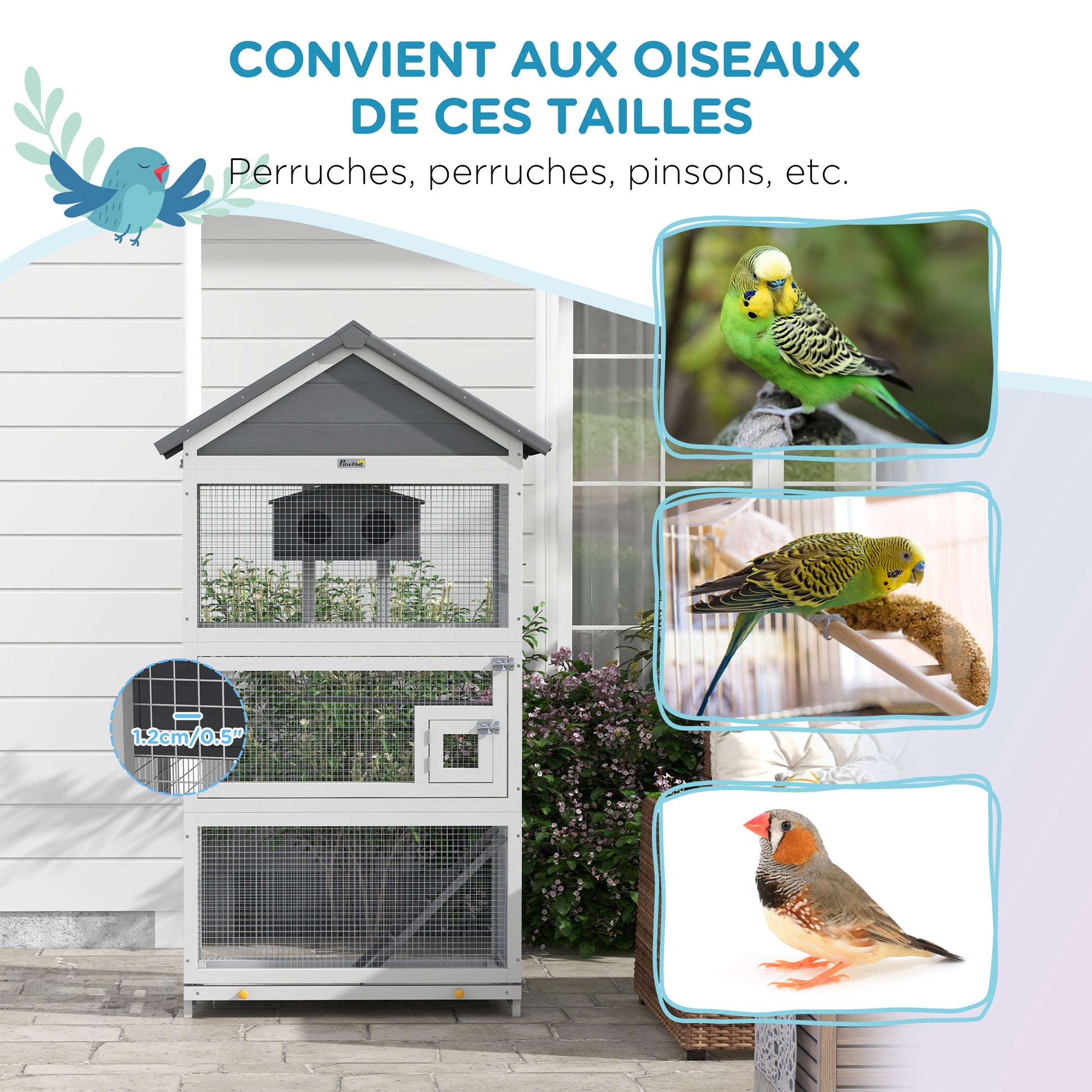 Wooden Bird Cage, Parrot Cage, Bird Aviary Outdoor Playground, Waterproof Asphalt Roof, for Budgie, Cockatiel, Conure, Canaries, 92 x 52 x 171 cm, Gray