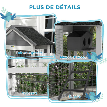 Wooden Bird Cage, Parrot Cage, Bird Aviary Outdoor Playground, Waterproof Asphalt Roof, for Budgie, Cockatiel, Conure, Canaries, 92 x 52 x 171 cm, Gray