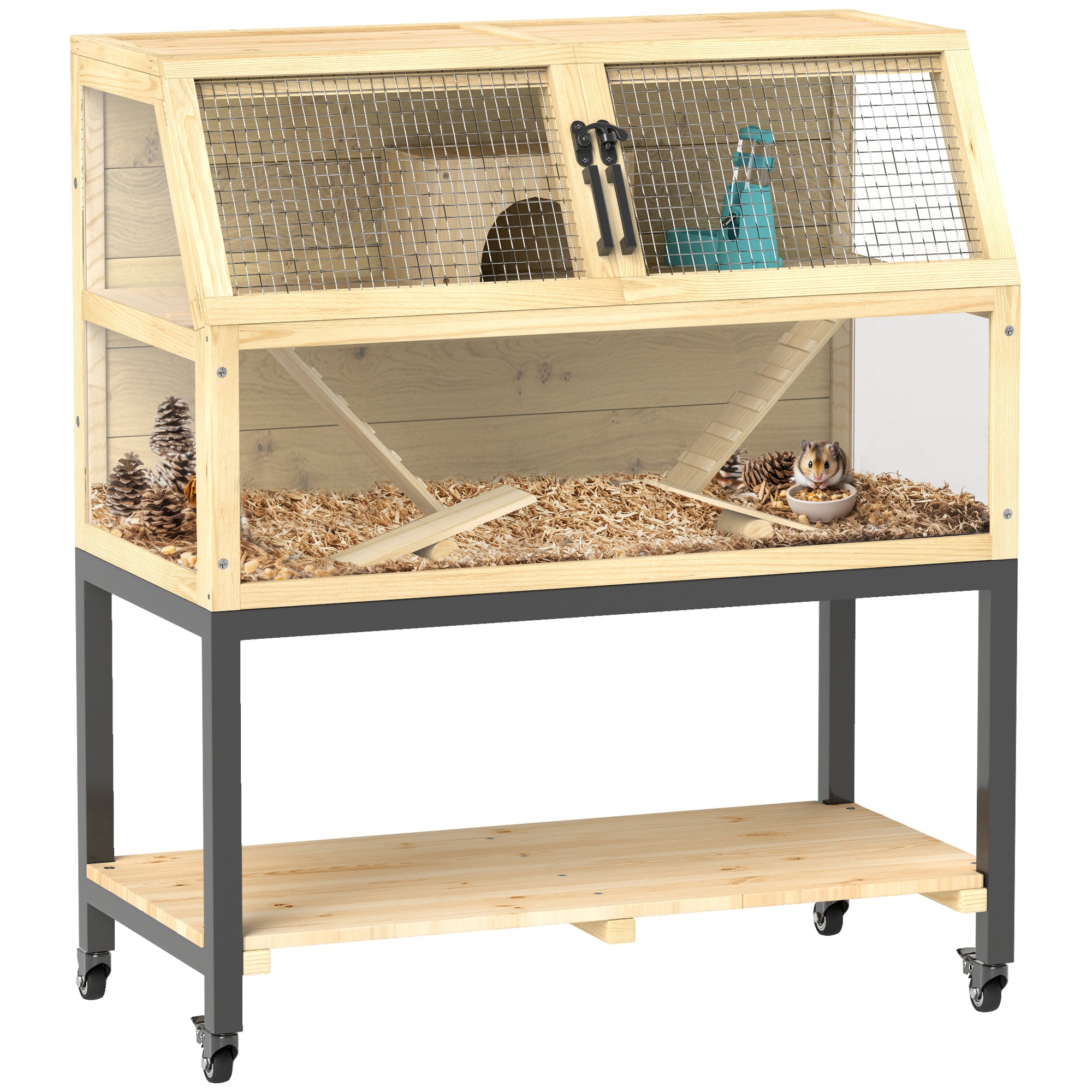 Dwarf Hamster Cage in Natural Wood, 87 x 43 x 101 cm Rodent Cage with Storage Area, Water Bottle, Hut, Seesaws, Small Animal Cage with Wheels, Ramps, Natural Wood