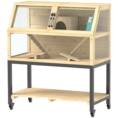 Dwarf Hamster Cage in Natural Wood, 87 x 43 x 101 cm Rodent Cage with Storage Area, Water Bottle, Hut, Seesaws, Small Animal Cage with Wheels, Ramps, Natural Wood