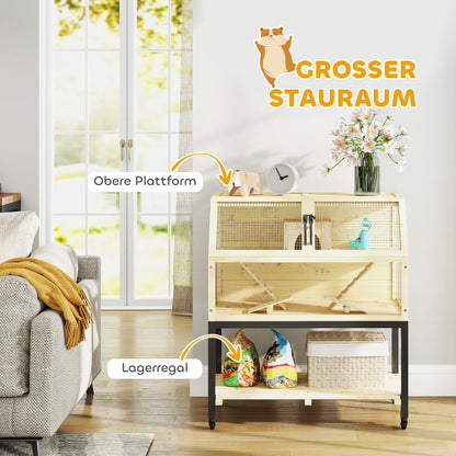 Dwarf Hamster Cage in Natural Wood, 87 x 43 x 101 cm Rodent Cage with Storage Area, Water Bottle, Hut, Seesaws, Small Animal Cage with Wheels, Ramps, Natural Wood