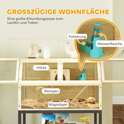 Dwarf Hamster Cage in Natural Wood, 87 x 43 x 101 cm Rodent Cage with Storage Area, Water Bottle, Hut, Seesaws, Small Animal Cage with Wheels, Ramps, Natural Wood