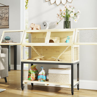 Dwarf Hamster Cage in Natural Wood, 87 x 43 x 101 cm Rodent Cage with Storage Area, Water Bottle, Hut, Seesaws, Small Animal Cage with Wheels, Ramps, Natural Wood