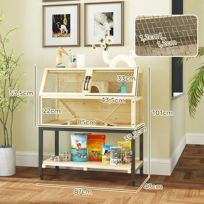 Dwarf Hamster Cage in Natural Wood, 87 x 43 x 101 cm Rodent Cage with Storage Area, Water Bottle, Hut, Seesaws, Small Animal Cage with Wheels, Ramps, Natural Wood