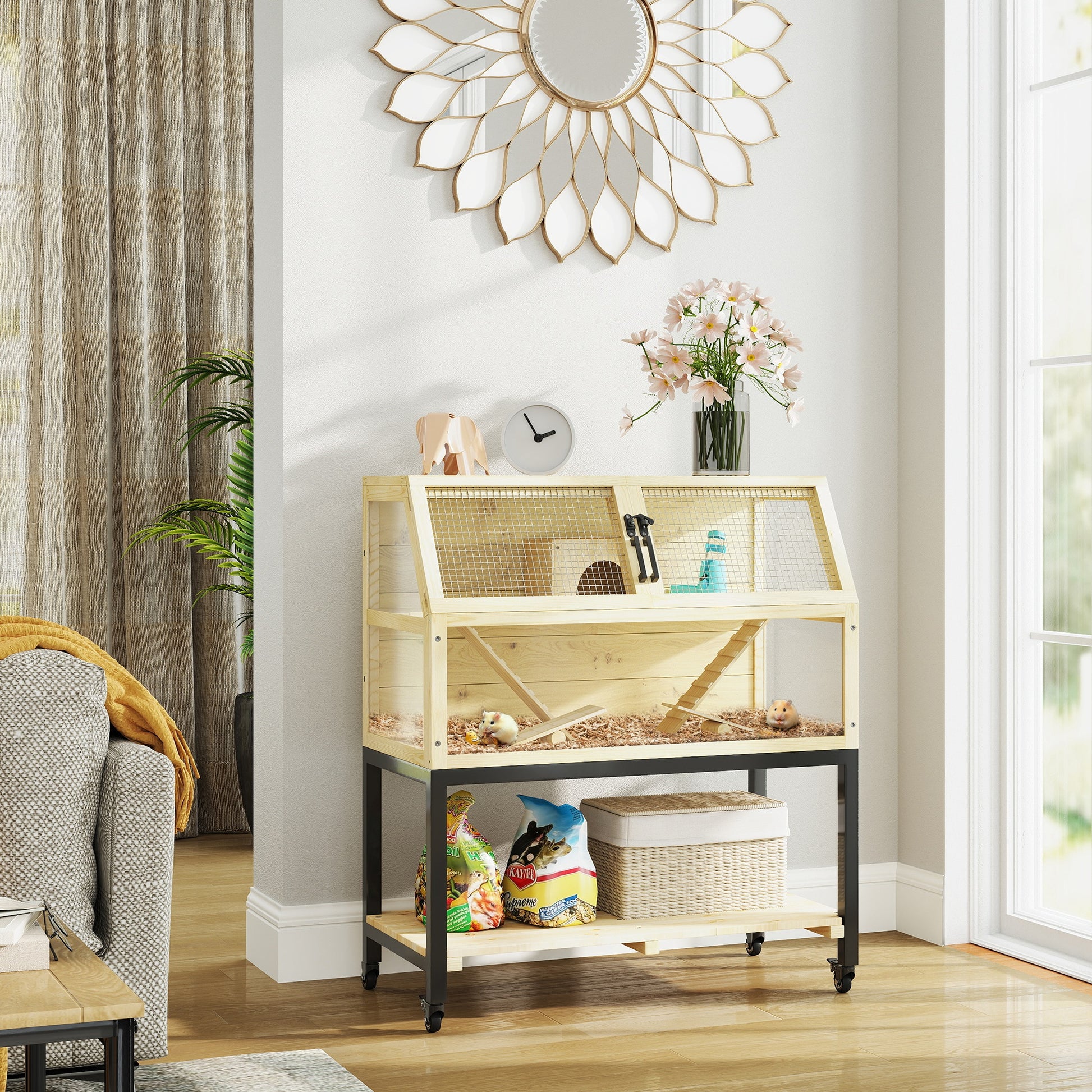 Dwarf Hamster Cage in Natural Wood, 87 x 43 x 101 cm Rodent Cage with Storage Area, Water Bottle, Hut, Seesaws, Small Animal Cage with Wheels, Ramps, Natural Wood