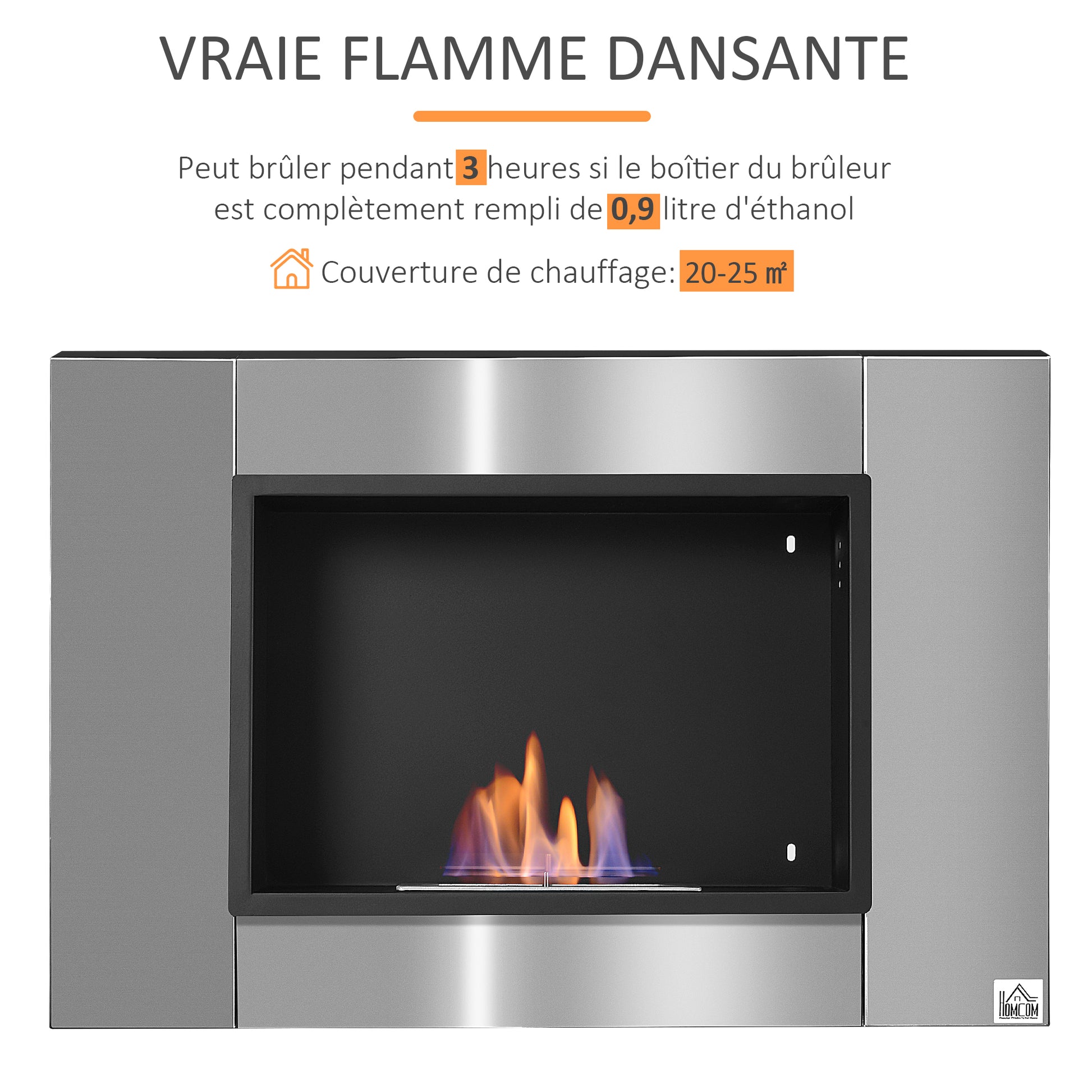 Wall-mounted Built-in Bioethanol Fireplace 0.9 L Burner, 3-hour Combustion Time 80L x 14W x 54H cm Coverage 25-30 m² Stainless Steel
