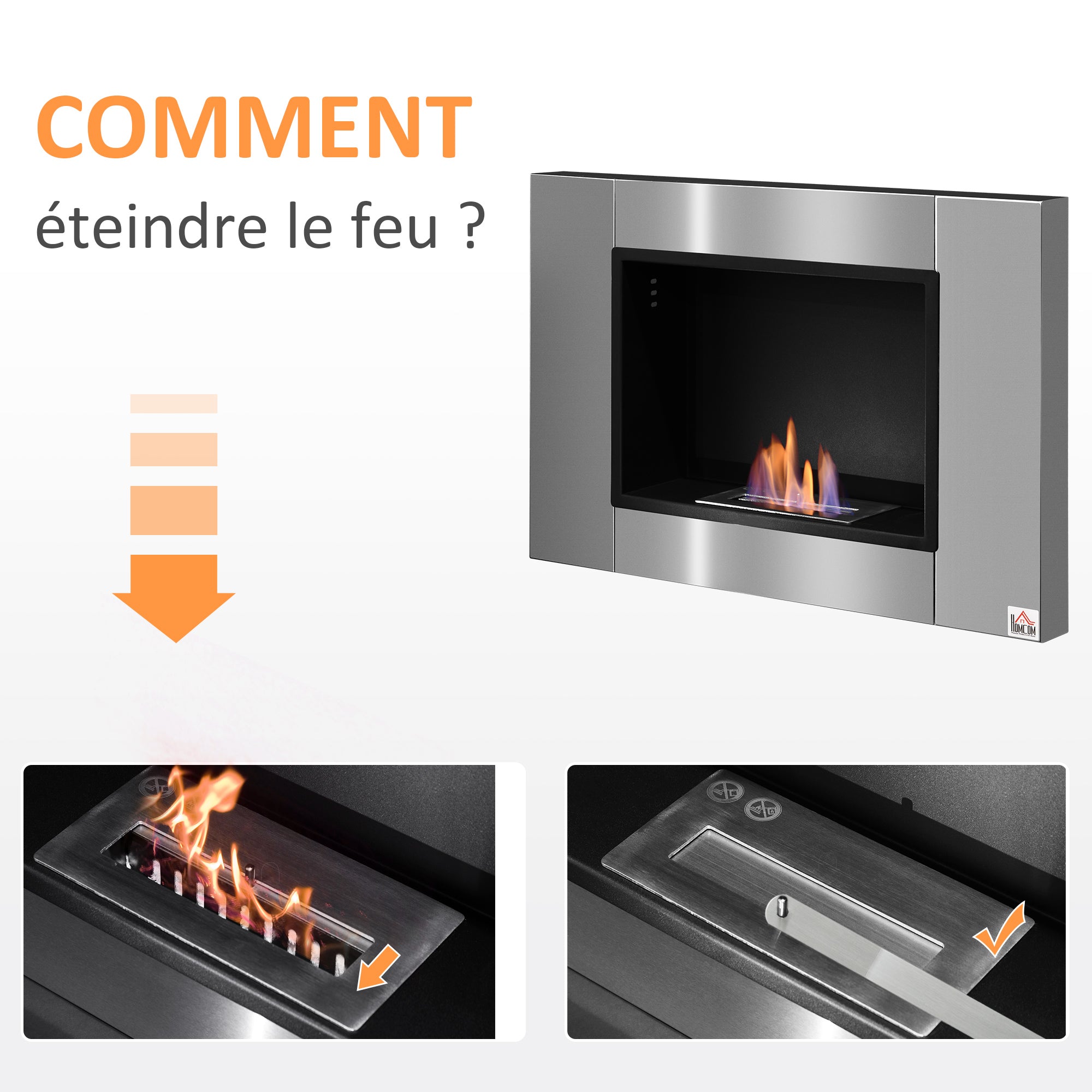 Wall-mounted Built-in Bioethanol Fireplace 0.9 L Burner, 3-hour Combustion Time 80L x 14W x 54H cm Coverage 25-30 m² Stainless Steel