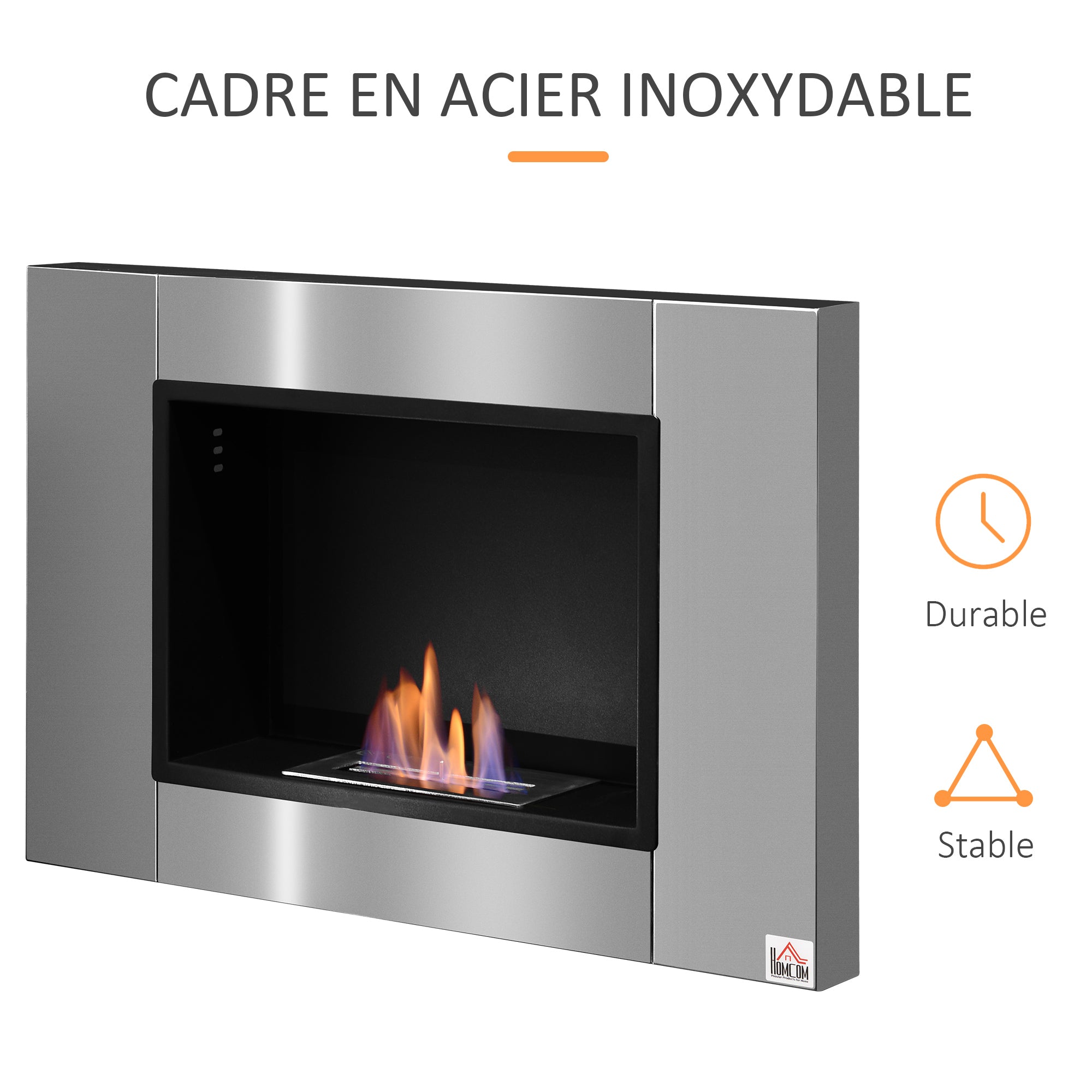 Wall-mounted Built-in Bioethanol Fireplace 0.9 L Burner, 3-hour Combustion Time 80L x 14W x 54H cm Coverage 25-30 m² Stainless Steel