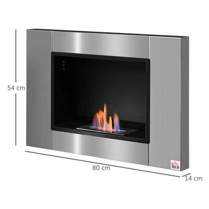 Wall-mounted Built-in Bioethanol Fireplace 0.9 L Burner, 3-hour Combustion Time 80L x 14W x 54H cm Coverage 25-30 m² Stainless Steel