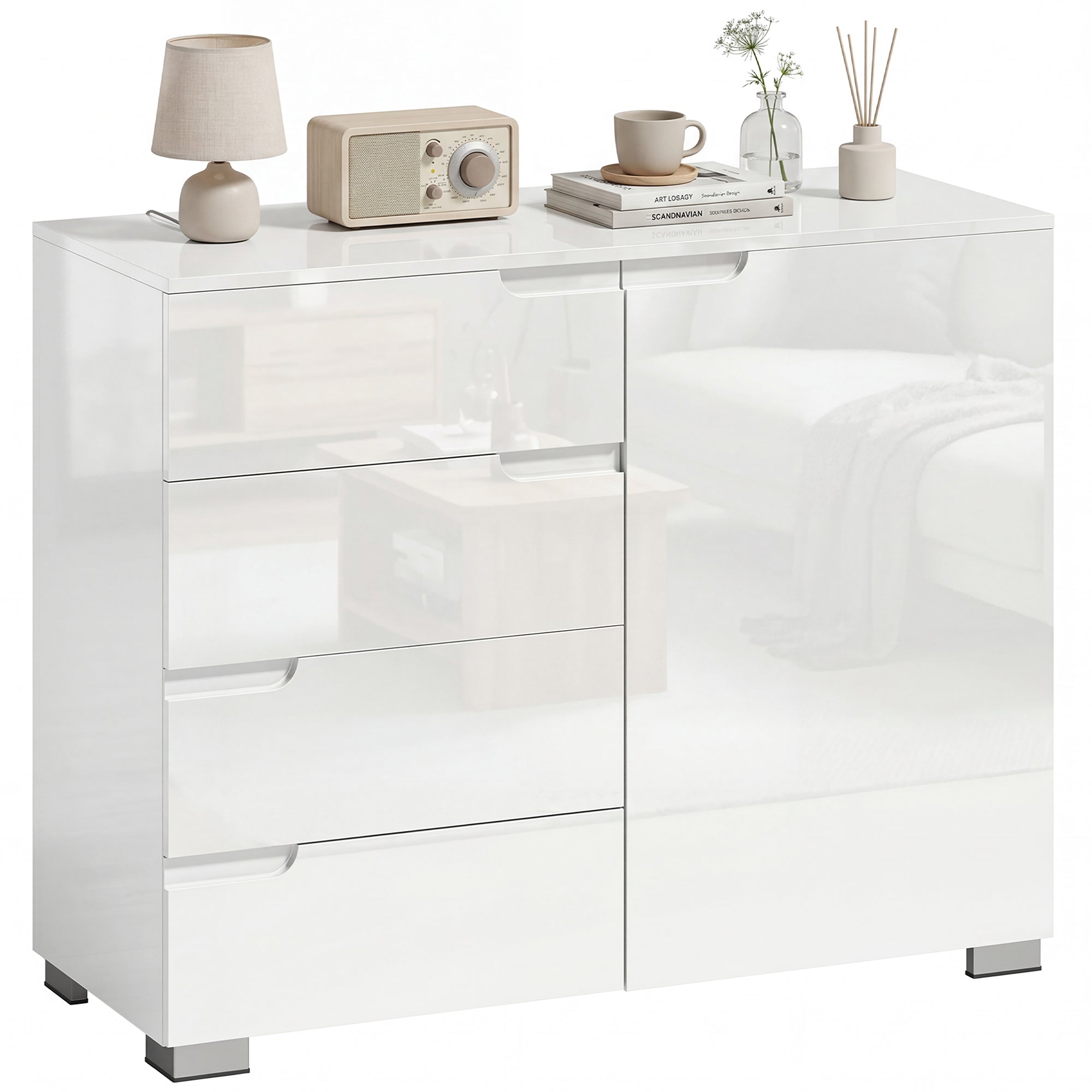 High-Gloss Sideboard — Modern Buffet Cabinet with 4 Drawers & Adjustable Shelf, Soft-Close, White