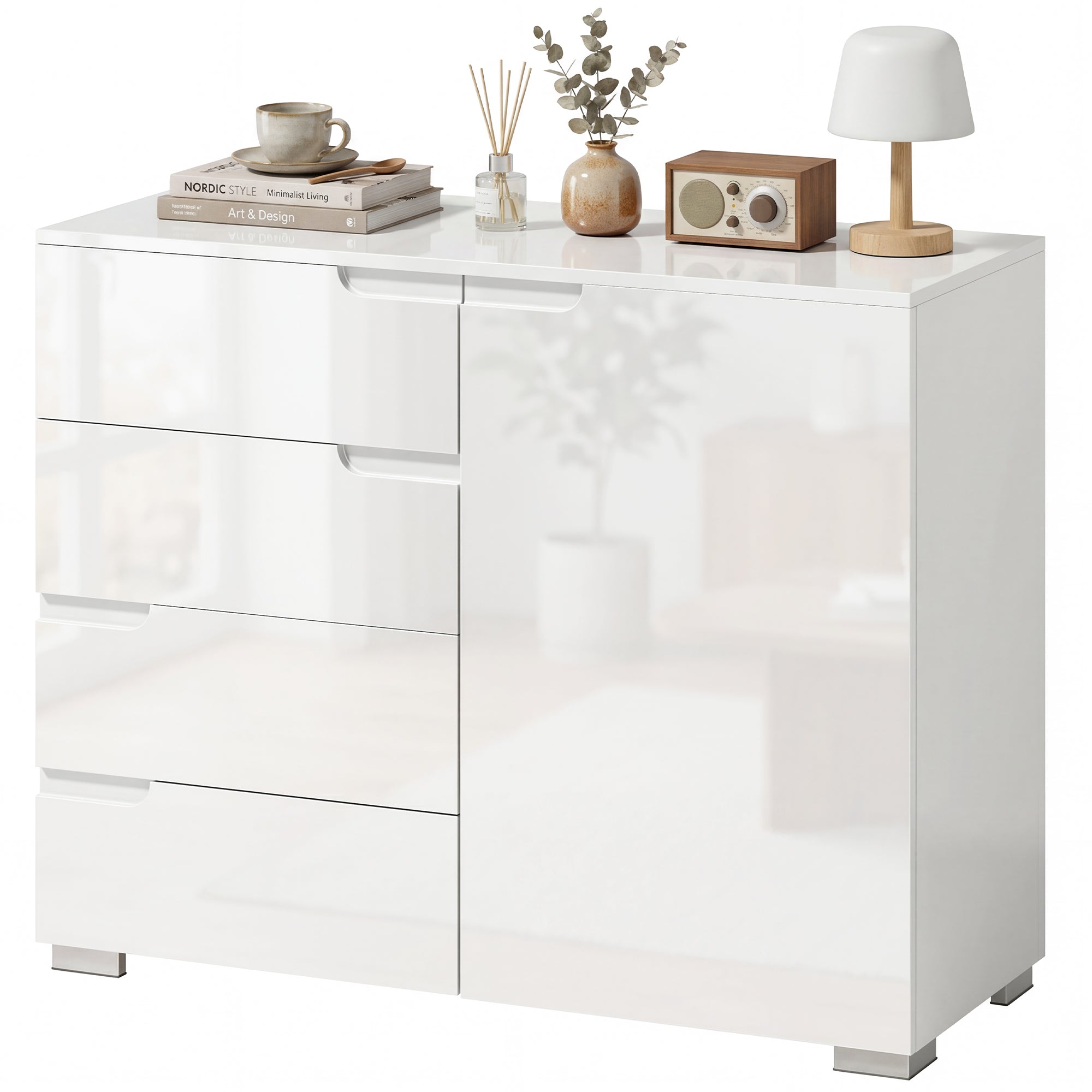 High-Gloss Sideboard — Modern Buffet Cabinet with 4 Drawers & Adjustable Shelf, Soft-Close, White