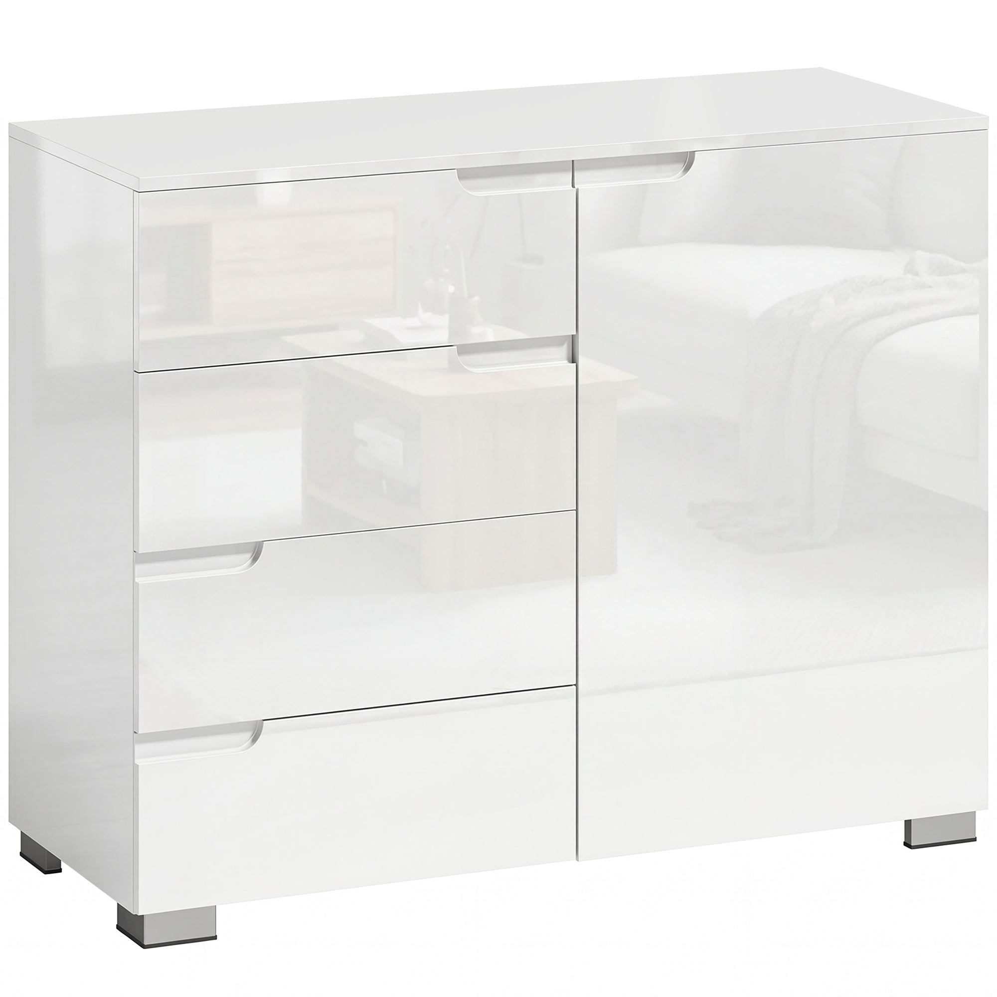 High-Gloss Sideboard — Modern Buffet Cabinet with 4 Drawers & Adjustable Shelf, Soft-Close, White