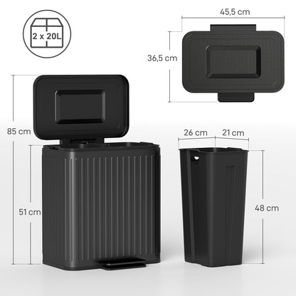 2×20 L Pedal Bin — 40 L Dual-Compartment Kitchen Waste Sorter, Soft-Close Lid, Hold-Open Function, Removable Inner Buckets, Black, 45.5 × 36.5 × 51 cm (17.9 × 14.4 × 20.1 in)