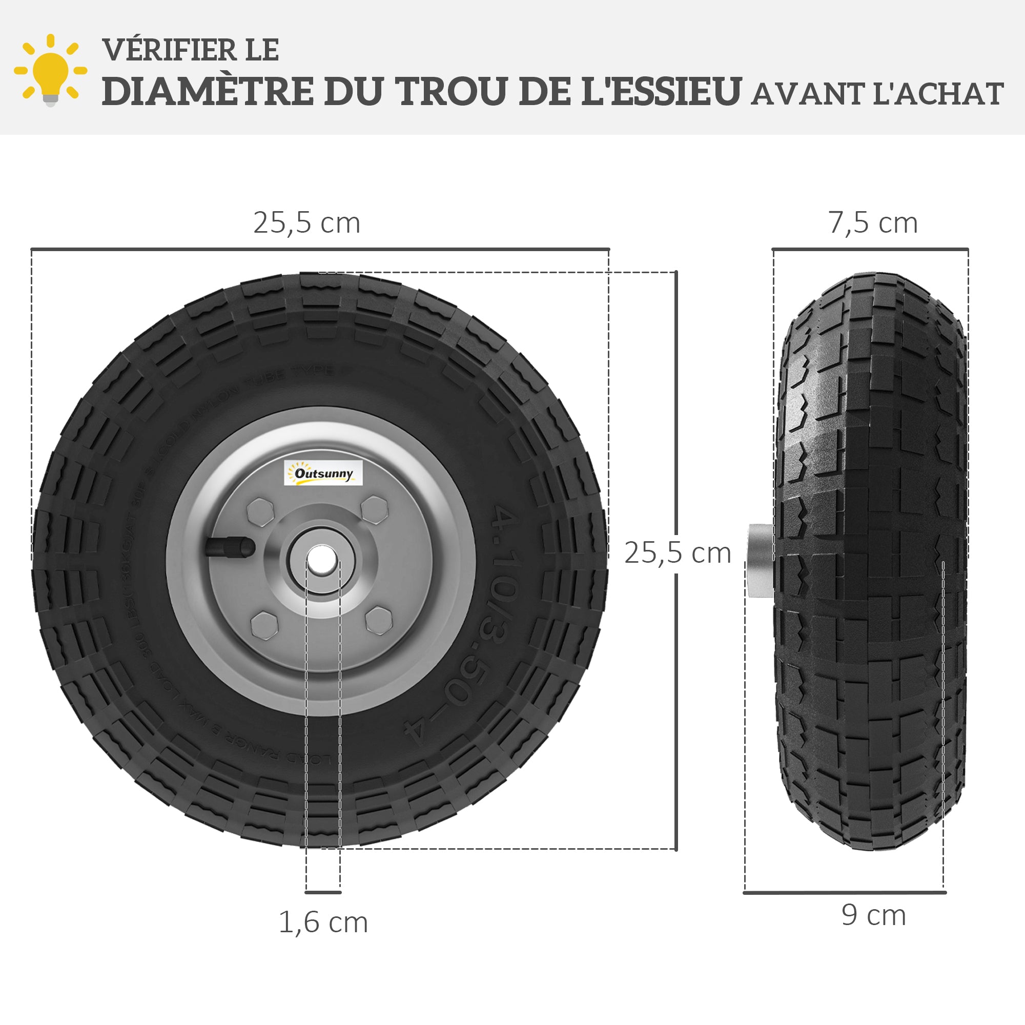 Set of 2 Replacement Rubber Wheels 255 mm with 16mm Bore for Garden Cart, Wheelbarrow, and Hand Truck