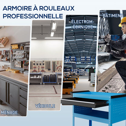 Workshop Cart Tool Trolley 3-Level Tool Cart with Drawer, Side Tool Holder, and Handle, Workshop Trolley for Garage, Warehouse, DIY Tools, 82x35x76cm, Blue