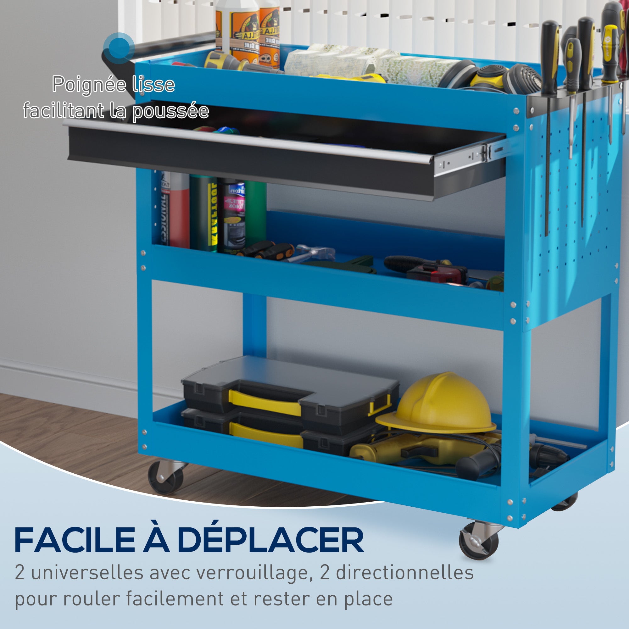 Workshop Cart Tool Trolley 3-Level Tool Cart with Drawer, Side Tool Holder, and Handle, Workshop Trolley for Garage, Warehouse, DIY Tools, 82x35x76cm, Blue