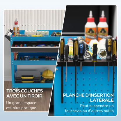 Workshop Cart Tool Trolley 3-Level Tool Cart with Drawer, Side Tool Holder, and Handle, Workshop Trolley for Garage, Warehouse, DIY Tools, 82x35x76cm, Blue