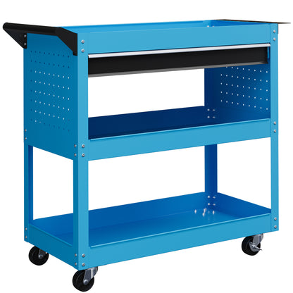 Workshop Cart Tool Trolley 3-Level Tool Cart with Drawer, Side Tool Holder, and Handle, Workshop Trolley for Garage, Warehouse, DIY Tools, 82x35x76cm, Blue
