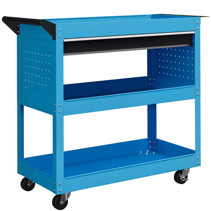 Workshop Cart Tool Trolley 3-Level Tool Cart with Drawer, Side Tool Holder, and Handle, Workshop Trolley for Garage, Warehouse, DIY Tools, 82x35x76cm, Blue