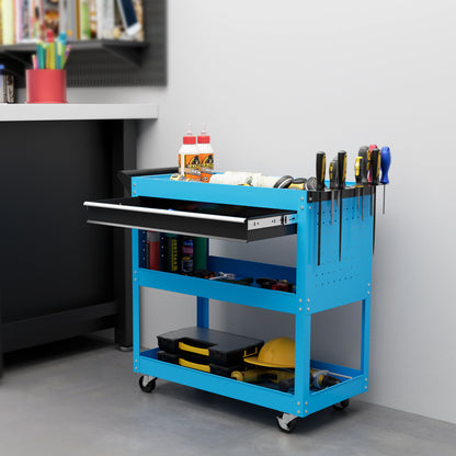 Workshop Cart Tool Trolley 3-Level Tool Cart with Drawer, Side Tool Holder, and Handle, Workshop Trolley for Garage, Warehouse, DIY Tools, 82x35x76cm, Blue