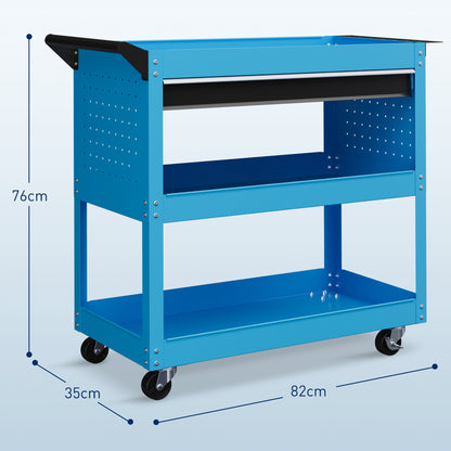 Workshop Cart Tool Trolley 3-Level Tool Cart with Drawer, Side Tool Holder, and Handle, Workshop Trolley for Garage, Warehouse, DIY Tools, 82x35x76cm, Blue