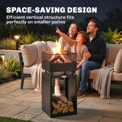 Fire Pit Tower with Wood Storage, 15.4 x 15.4 x 34.3 in — Coal Grate & Adjustable Feet, Black