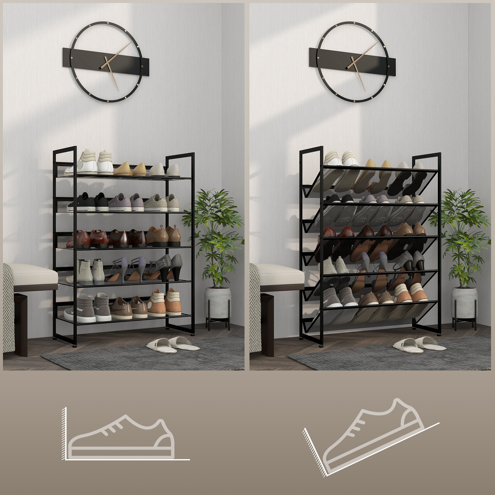Shoe Rack with 5 Levels, Shoe Shelf, Shoe Stand for 15 Pairs of Shoes, Space-Saving Shoe Storage, Shoe Organizer for Entryway, Hallway, Black